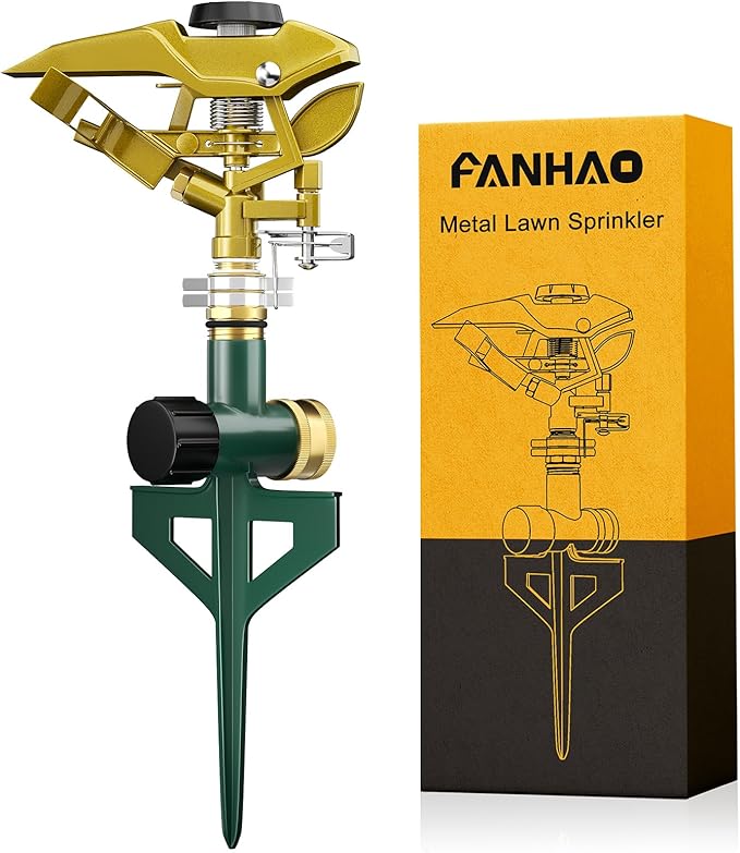 FANHAO Heavy Duty Pulsating Lawn Sprinkler on Spike Base, 100% Metal Impact Sprinkler with Adjustable Spray Pattern for Lawn Yard Irrigation, 360 Degree Large Area Coverage, Covers Up to 8500 sq. ft