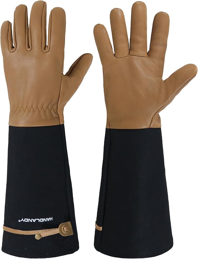 HANDLANDY Long Gardening Gloves for Men & Women, Cowhide Leather Rose Pruning Gloves, Breathable Thorn Proof Gauntlet Gloves (Brown-Cowhide, XL)