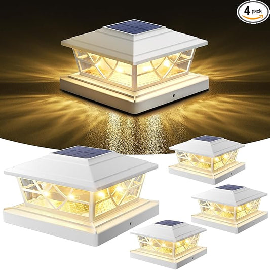NIORSUN Solar Post Lights Outdoor 4 Pack, 2 Modes LED, Deck Fence Post Solar Lights for 3.5x3.5 4x4 5x5 5.5x5.5 Caps Patio Garden Decoration, White