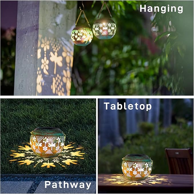 Starsoul 2 Pack Solar Lanterns Waterproof Outdoor, Dragonfly Hollow Out Metal Decoractive Hanging Solar Lantern Lights for Outside Garden Yard Porch Tabletop Patio Decor, Gardening Gifts for Women Mom