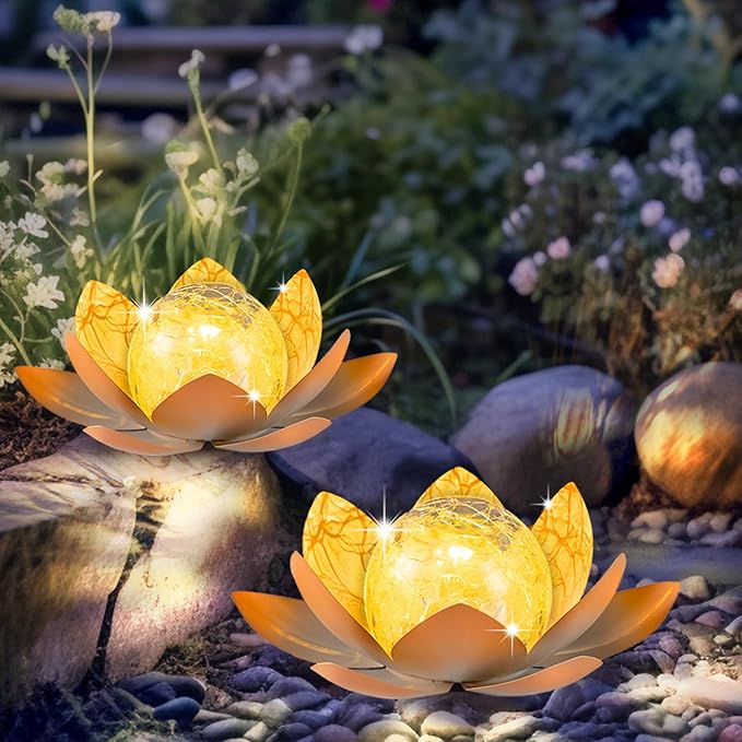 Huaxu Solar Lights Outdoor Garden Decoration Crackle Globe Glass Waterproof LED Metal Peach Lotus Flowers Gift for Mom,Women,Patio,Lawn,Walkway,Tabletop,Ground