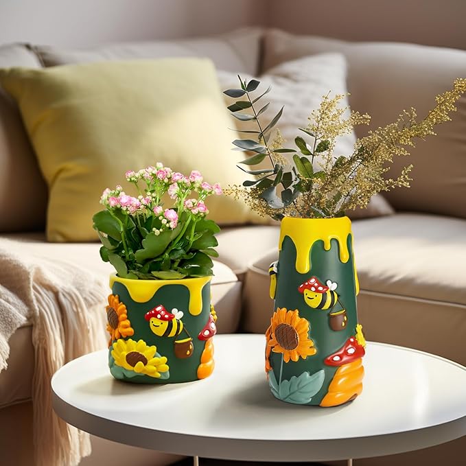GUGUGO Colorful Bees and Sunflowers Plant Pots, Cute Unique Succulent Planters with Drainage, Rainbow Small Mushrooms Flower Planters Pots for Indoor Plants, Funny Eclectic Home Decor, Pink