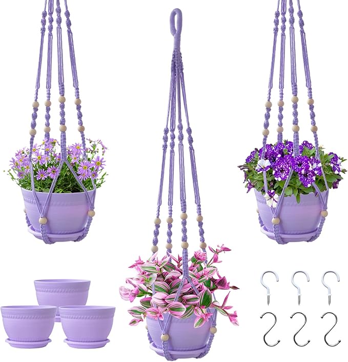 Macrame Plant Hanger with Pot, 3 Set Hanging Planters for Indoor Plants, Handmade Cotton Rope Boho Home Decor, Idea Gift for Anyone, Includes Plant Holders, Pots, Plates and Hooks (Purple)