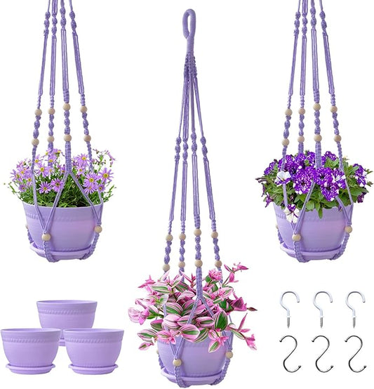 Macrame Plant Hanger with Pot, 3 Set Hanging Planters for Indoor Plants, Handmade Cotton Rope Boho Home Decor, Idea Gift for Anyone, Includes Plant Holders, Pots, Plates and Hooks (Purple)