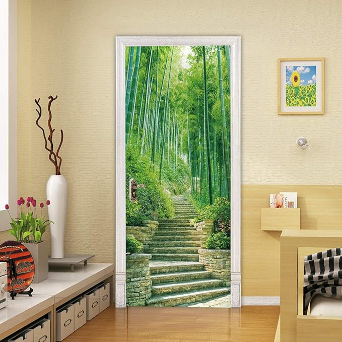 Bamboo 3D Door Stickers - Peel & Stick - Waterproof & Washable - Matt Finish - Green - Rectangular - Nature Theme - Adults - Indoor Use - All Seasons