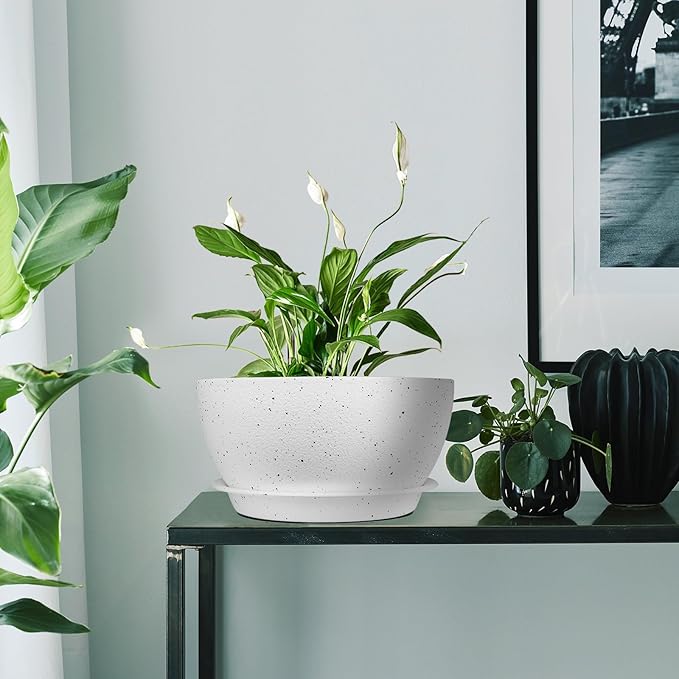 10 inch Plant Pots Pack of 2, Plastic Planter with Drainage Holes and Saucers, Plant pots for Indoor Outdoor Use, Flower Pots for All House Plants (Speckled White)