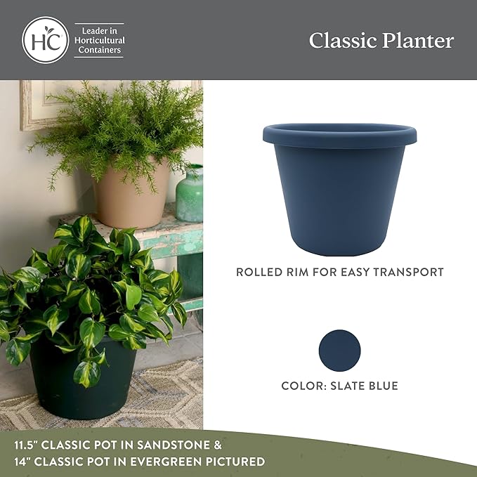 The HC Companies 24 inch Round Classic Planter - Large Plastic Plant Pot for Indoor Outdoor Plants Flowers Herbs, Slate Blue (2 Pack)