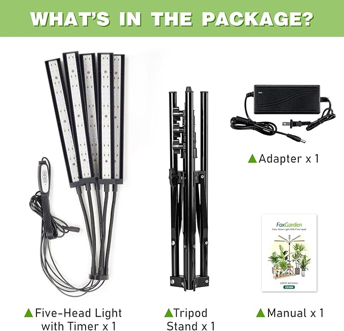 FOXGARDEN® Grow Lights for Indoor Plants with Stand, Full Spectrum Plant Lights for Indoor Growing with Flexible Gooseneck, Five-Head Floor Grow Lamp with 4/8/12H Timer & 4 Brightness Levels