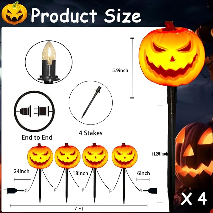 4 Pack Halloween Smiley Pumpkin Pathway Lights, 7Ft LED Decorative Outdoor String Lights Plug in With 4 Jack O Lantern Stakes for Garden Yard Walkway Party Decor