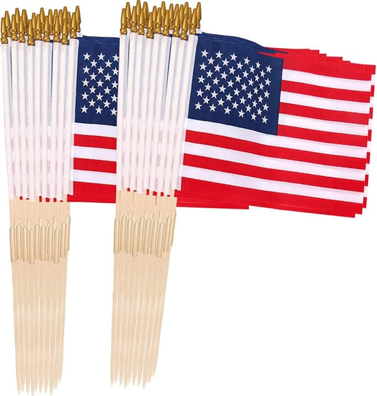 Pack of 50 American Flags with wood Stick, 12x18 Inch US Flags/American Hand Held Stick Flags with Kid-Safe Spear Top, Perfect for Patriotic Decorations, Parades, Veteran Party