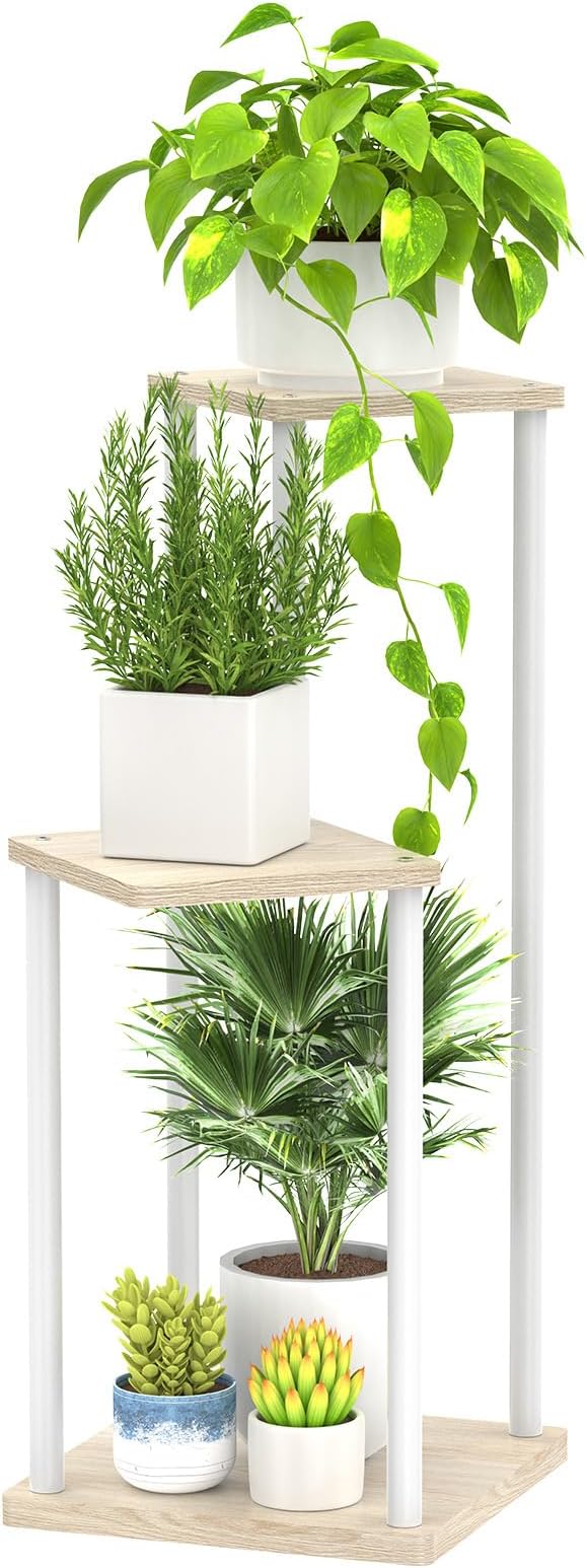 3 Tier Plant Stand Indoor Outdoor, Metal Wood Tiered Corner Plant Stands Pot Holder, Wood Flower Shelf Display Rack for Living Room Bedroom Balcony Garden Patio, White (3 tier)