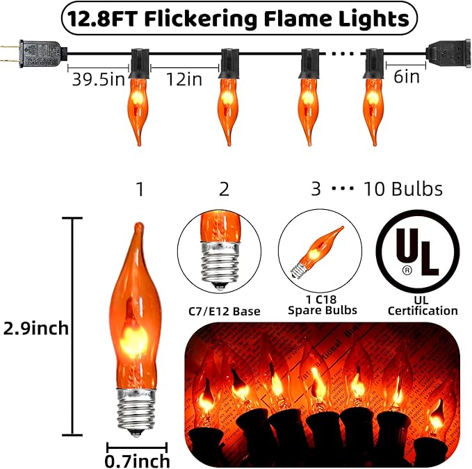 Halloween Lights Flickering Flame String Lights with 12 Pack C7 Orange Flame Light Bulbs (2 Spare), 12.8Ft Orange Flame String Lights for Indoor Outdoor Home Party Yard Halloween Decorations