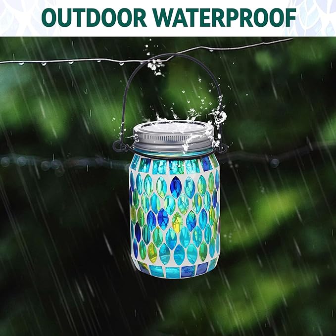 VOREEN 2 Pack Mosaic Solar Lanterns, Outdoor Glass Hanging Lights, Solar Table Lamps, Waterproof Night Lights, Jar Lights Easter Gifts, Decoration for Garden, Patio, Yard, Balcony, Blue&Red