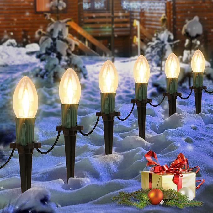 C9 Christmas String Lights for Pathway , 26FT LED 20 Clear Lights with 20 Stakes, Waterproof Shatterproof 2700K Warm White Linkable Walkway Lights for Outdoor Indoor Xmas Driveway Yard Garden Decor