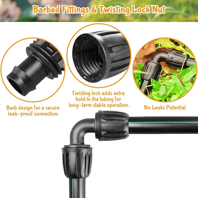 Drip Irrigation Fittings for 1/2 Inch Drip Tubing (1/2" ID x 0.65" OD)：1/2'' Drip Line 90 Degree Elbows Anti-drop Locked Nut Barbed Elbow Connectors Garden Irrigation System Parts (10 Pack)