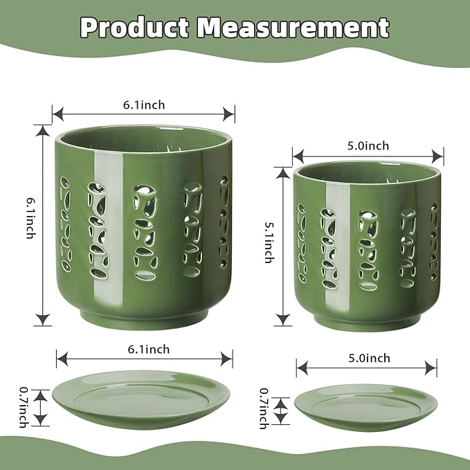 Ceramic Orchid Pots with Holes, 5 Inch+6 Inch Orchid Planter with Drainage Holes and Tray, Indoor Flower Pot for Repotting Orchids, Elegant Patina Glaze