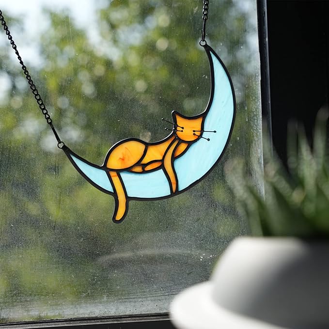 BOXCASA Sleeping Cat Stained Glass Windown Hanging,Orange Cat on Moon Beautiful Handcrafted Sun Catcher Gifts for Daughter,Mothers Day,Christmas and Cat Lover