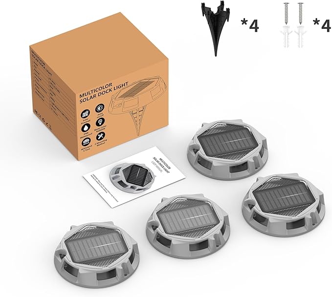 4Pack Aluminum Alloy Solar Driveway Lights, IP68 Solar Deck Light Marine Dock Lights Outdoor Waterproof, Multi-color LED Driveway Markers for Walkway, Path Decor [12Modes - Strobe/RGB/Fix-color]