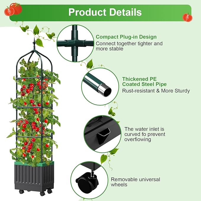 Raised Garden Bed Planter Boxes with Trellis,1pcs 70.9"Self-Watering Tomato Planter Boxes with Trellis for Climbing Vegetables Plants Flowers Tomato with Wheels,Use for Indoor Outdoor (Black)