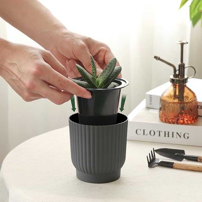 T4U African Violet Pots, 4 Inch Self Watering Pots for Indoor Plants, 6 Pack Small Planters, Durable Charcoal Gray Plastic Small Pots for Indoor Plants, Flower
