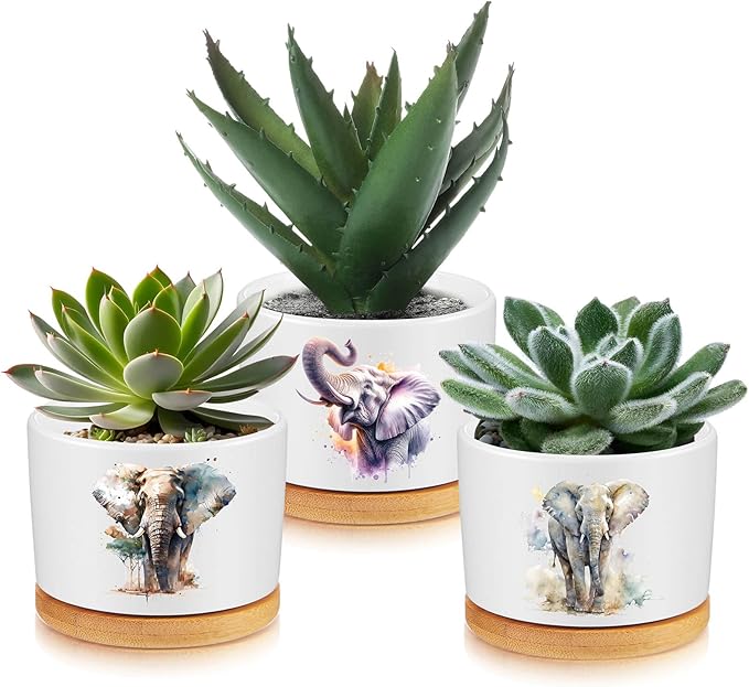 3 Pcs Elephant Decor Gift for Christmas Women Planter Ceramic Gift Animal Plant Pot with Bamboo Tray for Office Home Farm House Bathroom Kitchen Decorations (No Plants Included)