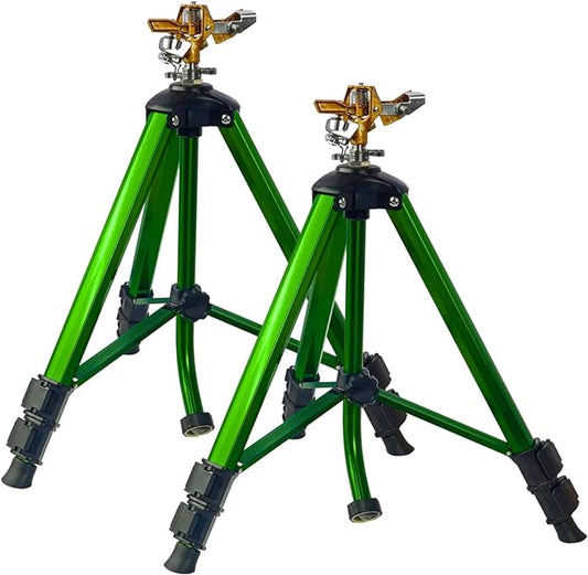 Impact Sprinkler on Tripod Base, 2 Pack Tripod Sprinklers with Brass Head, 360 Degree Large Area Irrigation with Extension Legs Flip Locks, Heavy Duty 3/4" Connector for Lawn Yard Garden
