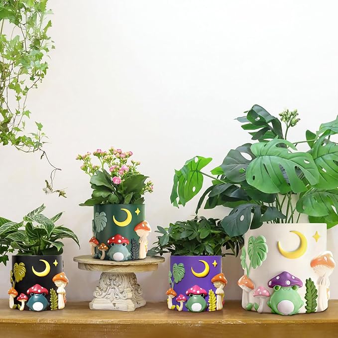 GUGUGO Colorful Frog Garden Plant Pots, Cute Unique Succulent Planters with Drainage, Rainbow Small Mushrooms Flower Planters Pots for Indoor Plants, Funny Eclectic Home Décor-Black