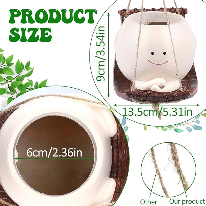 Small Swing Face Hanging Planter Pot for Indoor Outdoor Plants, Cute Swinging Plant Pot, Face Planter Pot Head, Hanging Flower Pots, Resin Succulent Planter, Valentines Day Gifts for Her