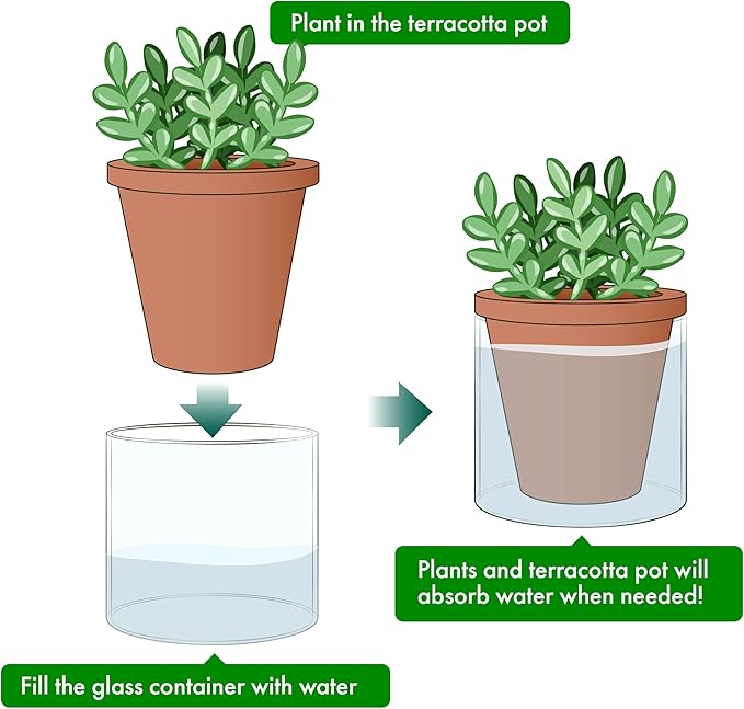 D'vine Dev 4 Inch Design Self Watering Planter for Indoor Plants, Terracotta Pot with Cylinder Glass Cup, Set of 4, 37-X-A-4