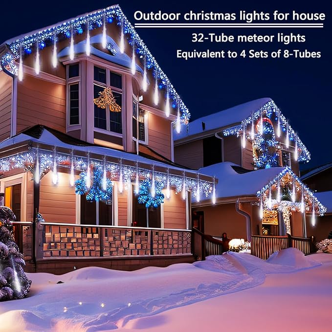 Christmas Decoration Outdoors- 32 Tubes (Equivalent to 4 Sets of 8-Tubes) Meteor Shower Rain Lights, White Falling Rain Lights for Christmas Decor Xmas Tree Halloween Yard Wedding Party, UL Plug