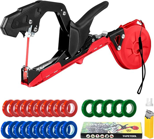 GROWNEER Upgraded Plant Tying Machine, Garden Tape Tool with 25 Rolls Tapes and 10000pcs Staples, Lightweight Plant Tape Gun Tying Tape Tool to Tie Up Vine Tomatoes Grapes Vegetables Garden, Red