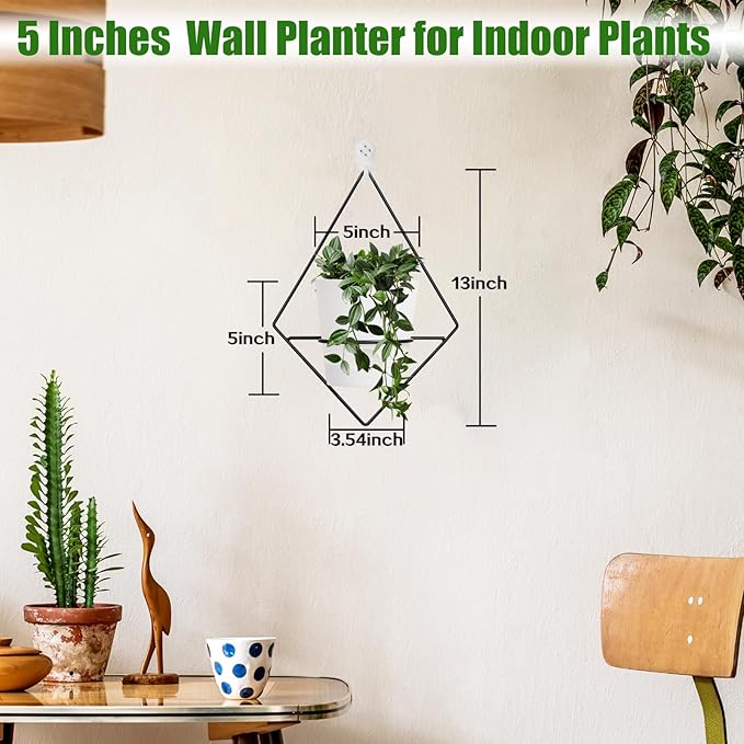 3 Sets of Wall Planters for Indoor Plants, Hanging Wall Planter with Black Metal Holder, Geometric Self Watering Wall Flower Pots, Wall Mounted Succulent Planter, 5" White Plant Pot