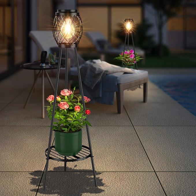 Solar Floor Lamp with Plant Stands，Solar Lights Outdoor with Vintage LED Edison Bulbs, Weatherproof Garden Lights for Pathway, Patio, Yard, 8-10 Hours Lighting, IP55 Waterproof