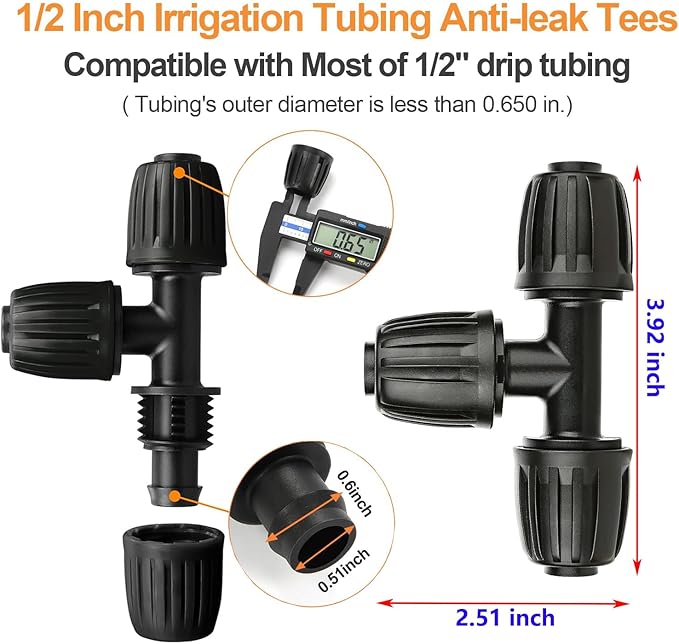 1/2 Inch Irrigation Fittings Tee Connector, Lock Barb Tee Connector (1/2" ID x0.640" OD), Drip Proof Straight Tee for Irrigation Pipes -10 Per Pack