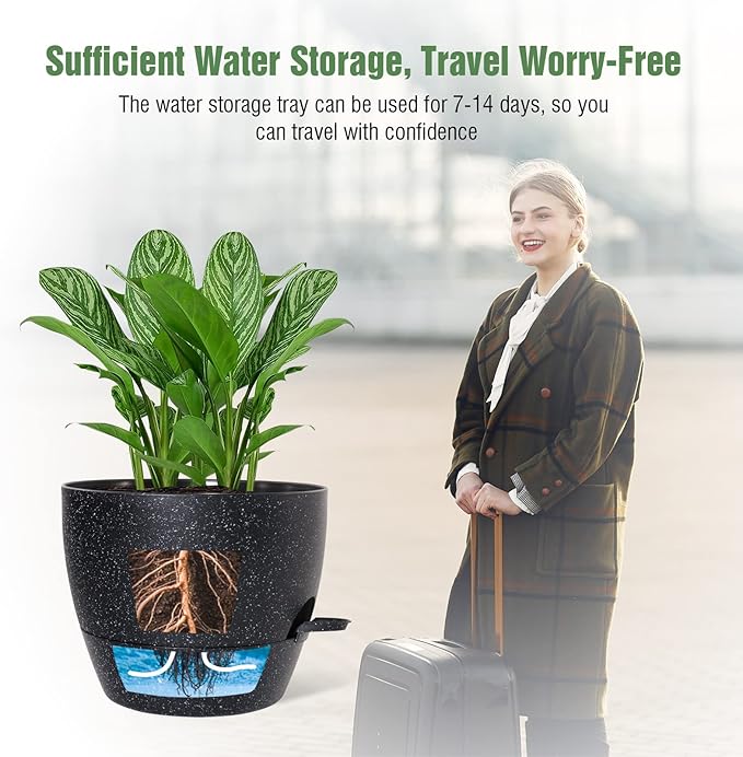 WOUSIWER 10 inch Self Watering Planters, 2 Pack Large Plastic Plant Pots with Deep Reservior and High Drainage Holes for Indoor Outdoor Plants and Flowers, Speckled Black