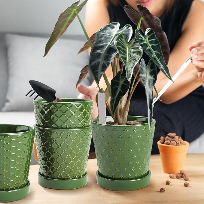 EFISPSS Ceramic Plant Pots, 5 Inch Planters with Drainage Holes and Ceramic Tray, Relief Design Flower Planter，Desktop Office Windowsill Decoration Gift Set of 4 - Blackish Green