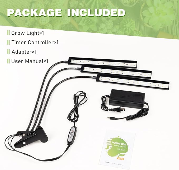 FOXGARDEN® Grow Lights Full Spectrum, Tri-Head Plant Lights for Indoor Growing with Flexible Gooseneck, 156 LEDs Clip Grow Lamp with 4/8/12H Timer, 4 Brightness Levels, Ideal for Indoor Growth