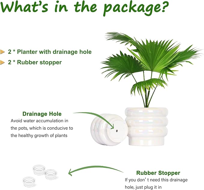 7.8 Inch + 5.7 inch 2 pcs Ceramic Plant Pots for Indoor Plants, Rainbow Pearl Glaze Planter with Planters for Plants with Drainage Hole, Orchid Pots, Succulent Pot, Flower Pot (White)