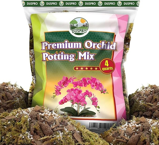 DUSPRO 4QT Orchid Potting Mix for Repotting with Moss Pine Bark Mulch Perlite Stone & Coco Peat Natural Ingredients, Orchid Bark Potting Mix, Orchid Repotting Kit Drainage Indoor Potting Medium Great