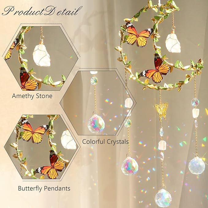 Suncatcher Moon Crystal Rose Quartz Sun Catcher Window Hanging, Good Luck Charms Gifts for Women Chrismas Thanksgiving Birthday Crystal (Rose)