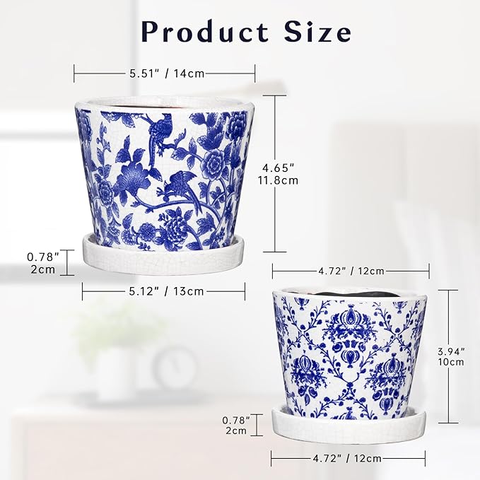 Blue and White Ceramic Pots for Plants, 4.8" + 5.5" Decorative Plant Pots Round Ceramic Planters for Indoor Plants Pots with Drainage Hole Saucers, Retro Planter Pot for Succulents Cactus Flower Pots
