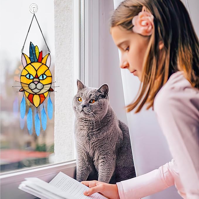 BOXCASA Orange Cat Decor Stained Glass Window Hangings,Cat Suncatcher for Window Indian Feathers Decoration,Funny Cat Decor Gifts for Cat Lovers,Cat Themed Gifts for Women