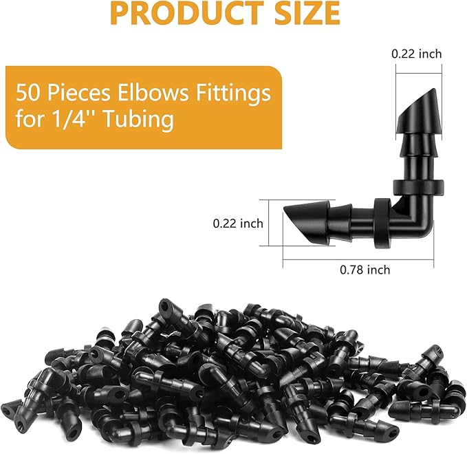 50 Pack 1/4 Inch Barbed Elbow Drip Irrigation Fittings, Barbed Drip Irrigation Connectors Fits Universal 1/4 Inch Drip Tubing, Irrigation Elbow for Drip or Sprinkler System(90 Degree Irrigation Elbow)