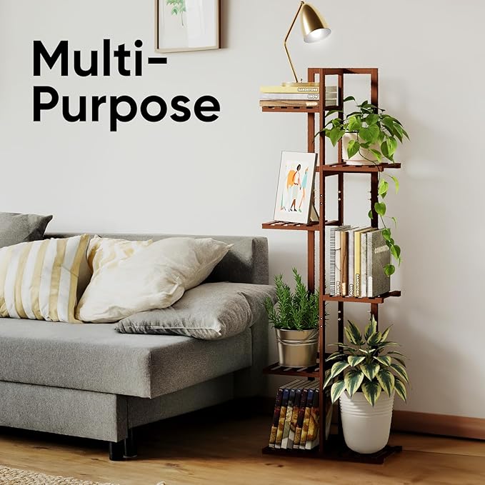 ROSSNY Plant Stand Indoor, 6 Tier 7 Potted Bamboo Plant Stands for Indoor Plants, Corner Plant Stand, Tiered Plant Stands, Plant Shelf For Indoor, 48 Inch Tall Planter Holder for Multiple Plants Indoor, Brown
