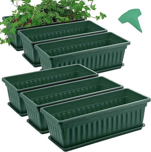 GROWNEER 6 Packs 17 Inches Green Flower Window Box Plastic Vegetable Planters Long Pots with 15 Pcs Plant Labels for Outdoor Indoor Windowsill Patio Garden Home Decor Porch