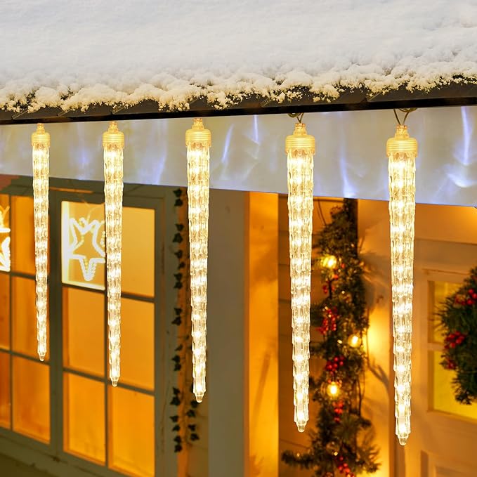 Christmas Icicle Lights Outdoor, 10ft Meteor Shower Lights with 10 Large Tube 240 LED Dropping Lights Effect, Falling Crystal Christmas Decorations for House Eave Roofline, Warm White