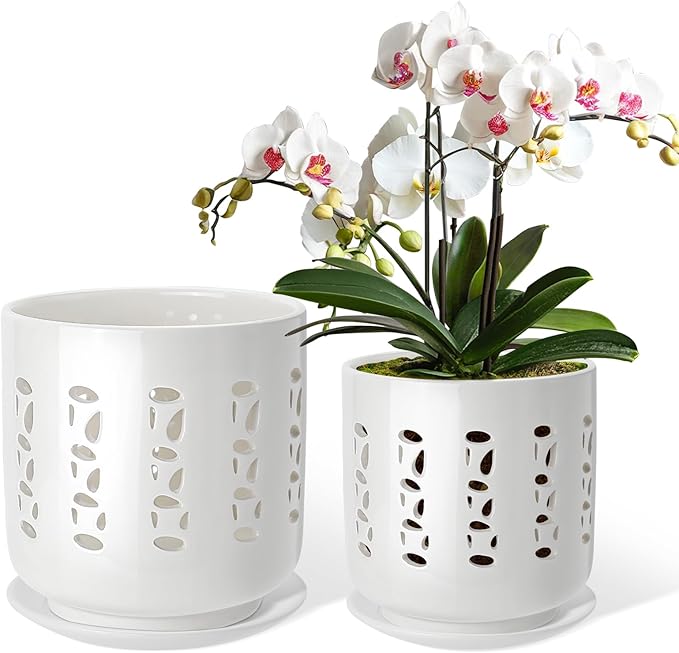 Ceramic Orchid Pots with Holes, 5 Inch+6 Inch Orchid Planter with Drainage Holes and Tray, Indoor Flower Pot for Repotting Orchids, Elegant White Glaze