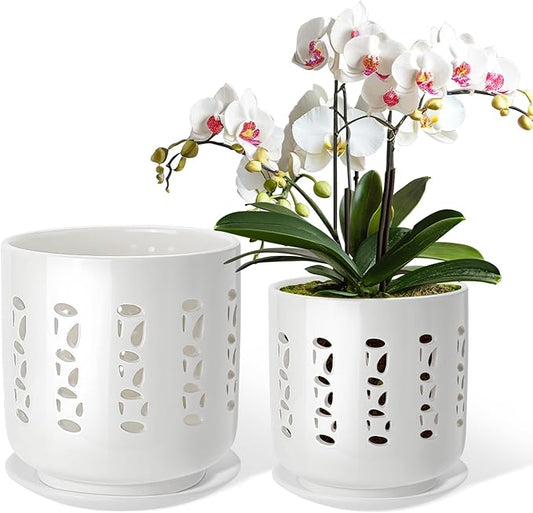 Ceramic Orchid Pots with Holes, 5 Inch+6 Inch Orchid Planter with Drainage Holes and Tray, Indoor Flower Pot for Repotting Orchids, Elegant White Glaze
