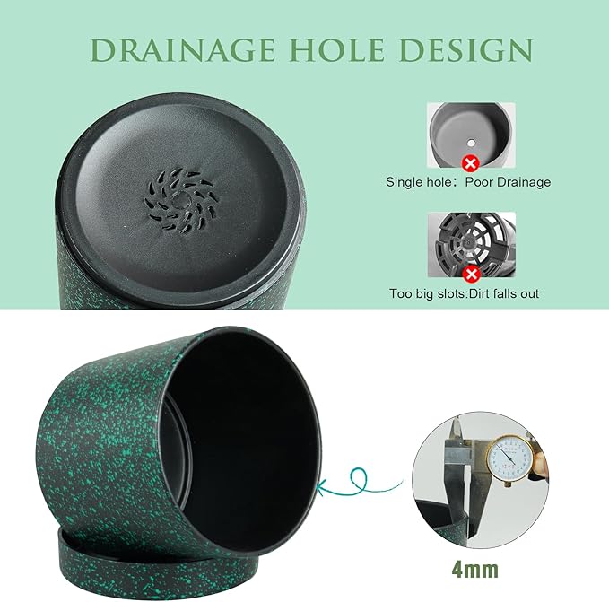 6/5/4 inch Plant Pots, 3 Pack Cylinder Flower Pots for Small Indoor Outdoor Plants, Plastic Planters with Drainage Holes and Saucers for Garden Succulent Plants, Black with Green Speckles