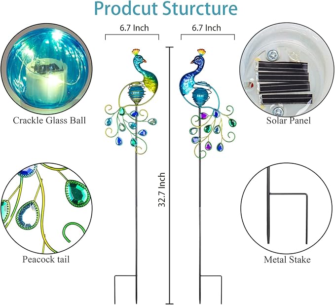 Viveta Garden Solar Lights Decorative, 2 Pack Metal Peacock Solar Lights Stake for Outdoor Garden Patio Yard Lawn Decorations